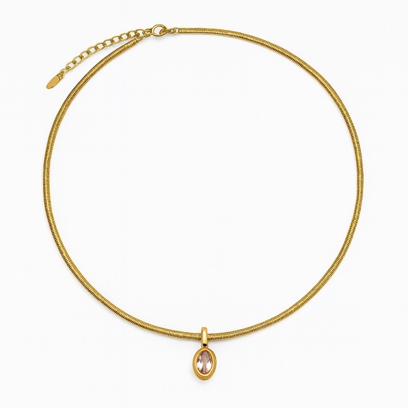 NEW 18K GOLD PLATED SNAKE CHAIN NECKLACE WITH OVAL BEZEL PENDANT - Picture 3 of 4